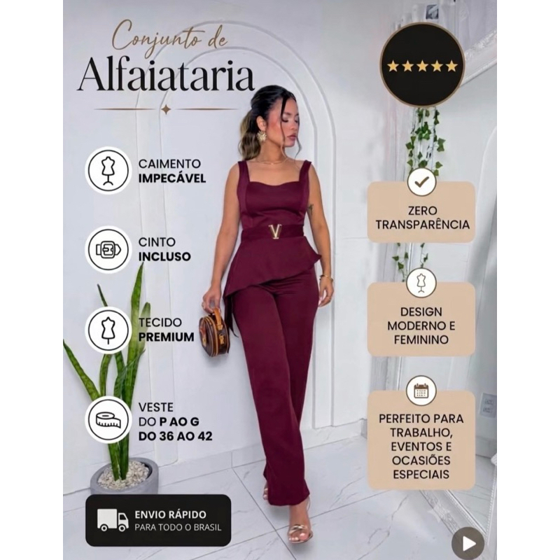 Conjunto Blusa Assimétrica com Cinto e Calça Pantalona Alfaiataria Moderno Elegante Versátil