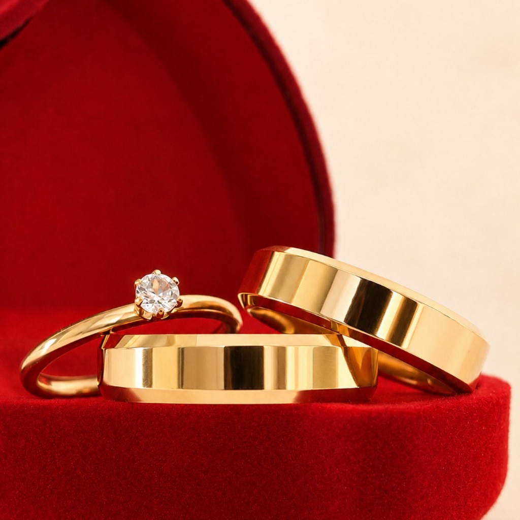 Par de Alianças 6mm Chanfradas Noivado moeda antiga Banhadas a Ouro 18K + Solitário