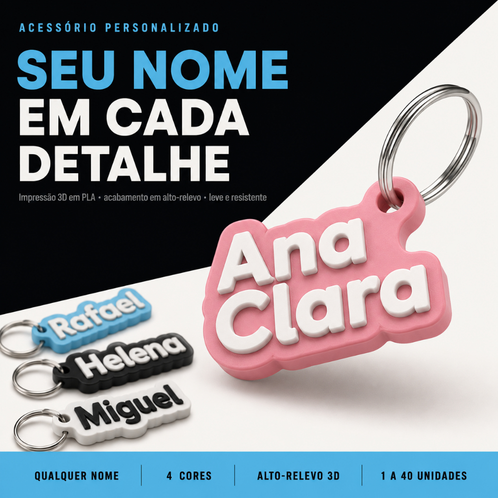 Chaveiro Personalizado Nome 3D Kit 1 a 40 Un Lembrancinha Festa Escolar Brinde Revenda Mochila Presente Aniversário