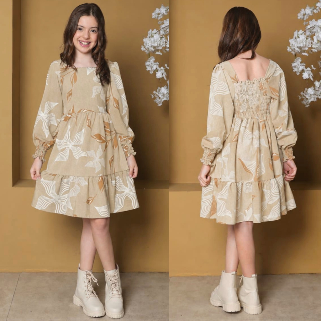 Vestido Curto Infantil e Juvenil Manga Longa Estampado em Crepinho Casual Meninas