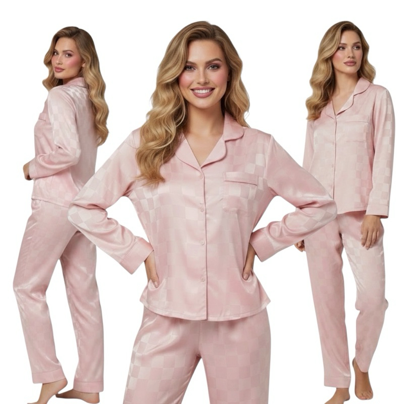 Pijama Rosa Xadrez cetim premium, pijama americano manga longa/calça
