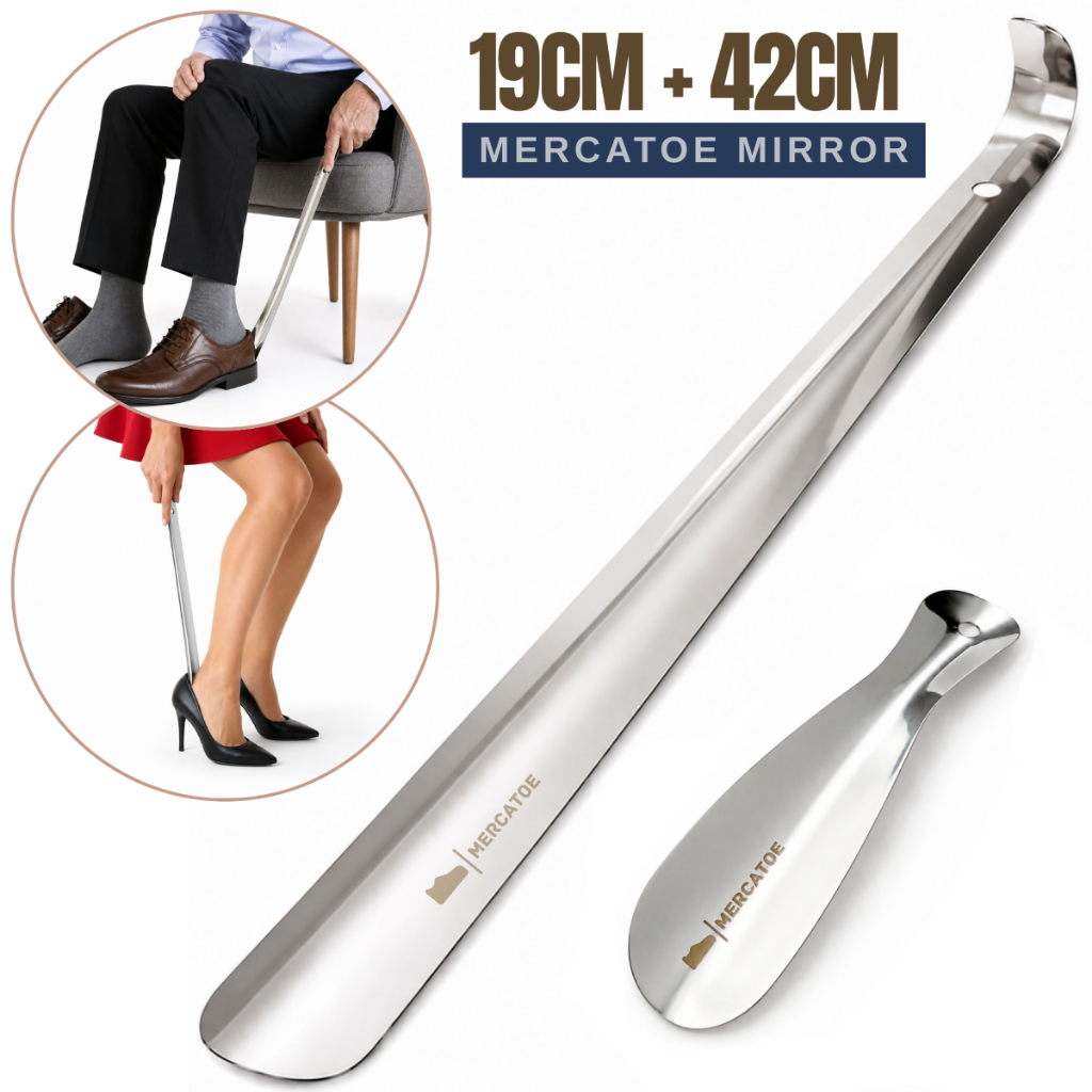 KIT Calçador 42cm Longo + Calçador 19cm Médio AÇO INOX BRILHANTE para Sapatos Tênis Botas - Bonito e Durável