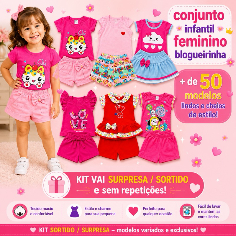 kit sortido 6 peças de roupa infantil feminina blogueirinha - Kit com 3 conjunto menina
