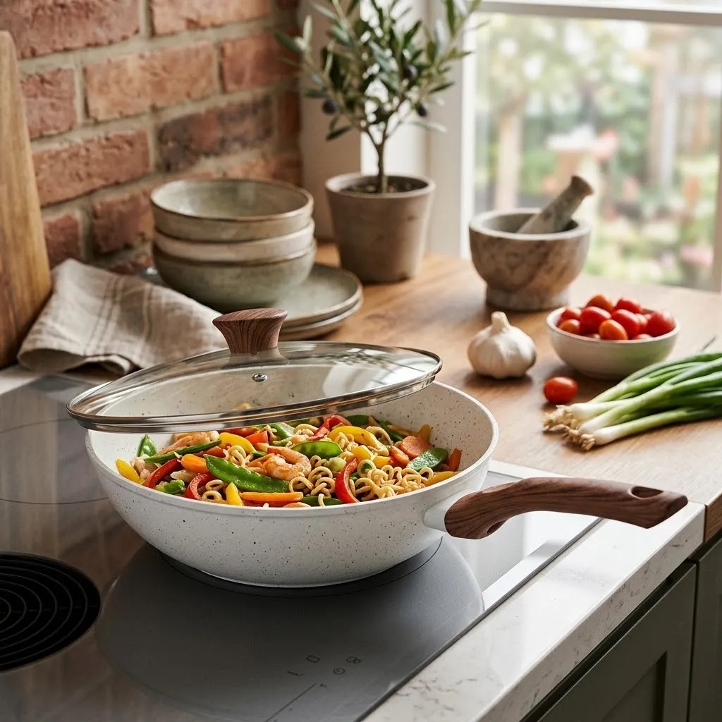 Panela Wok Antiaderente Ceramica 28cm Tampa Vidro Fogao Inducao Frigideira Grande Branca Vanilla 4L.