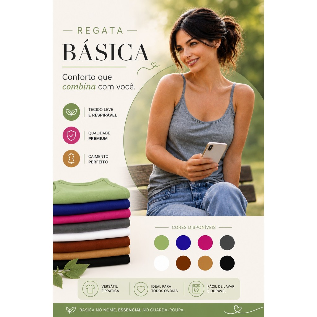 Regata Feminina Alça Básica Leve Viscose Elastano Leve Casual Macia Confortável