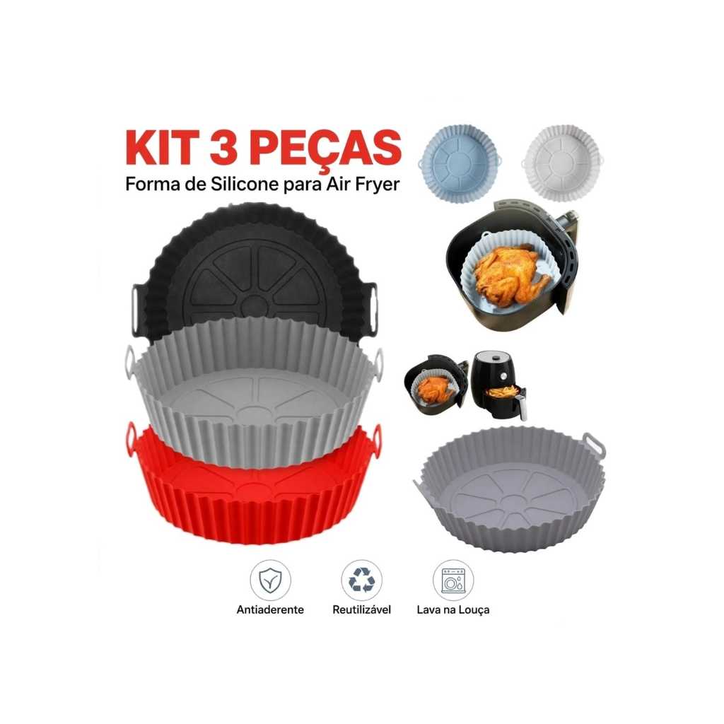 KIT 3 FORMAS DE SILICONE PARA AIRFRYER FORNO MICROONDAS FRITADEIRA ASSADEIRA REUTILIZÁVEL ANTIADERENTE FLEXÍVEL PRÁTICA