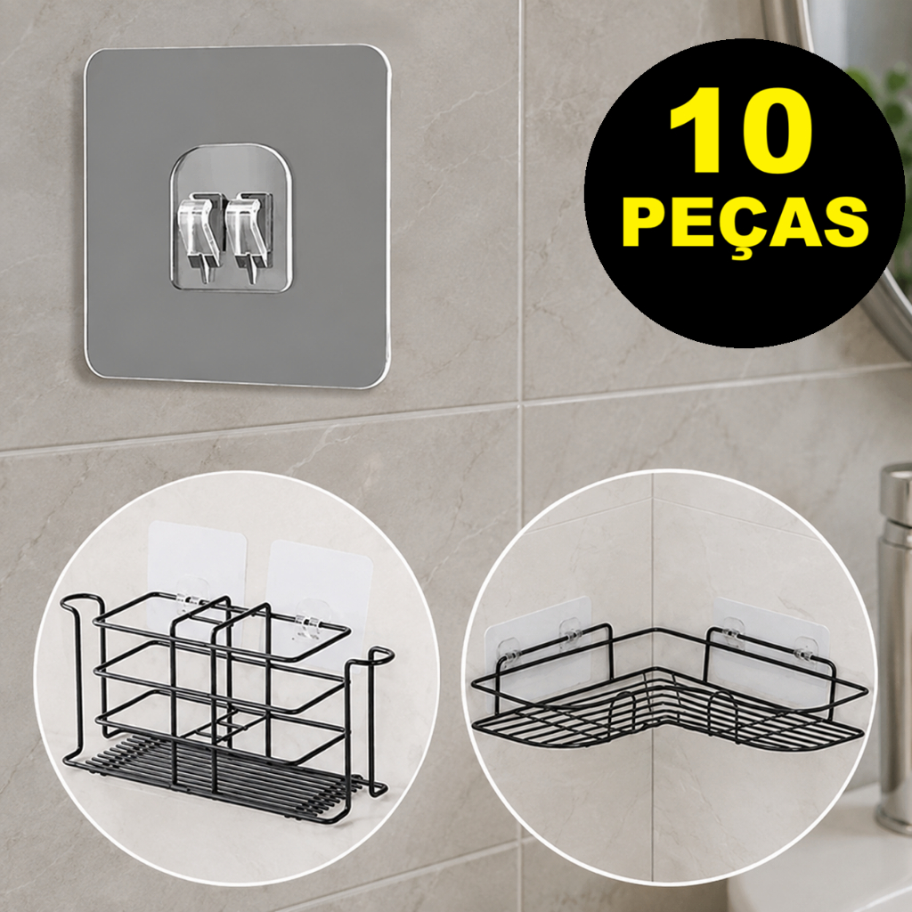 Kit 10 Ganchos de Parede Auto Adesivo Transparente Suporta Peso de 2kg Organizador para Prateleira de Encaixes