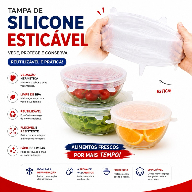 Kit Tampas de Silicone Elásticas Universais para Panelas Potes Recipientes Geladeira Reutilizáveis
