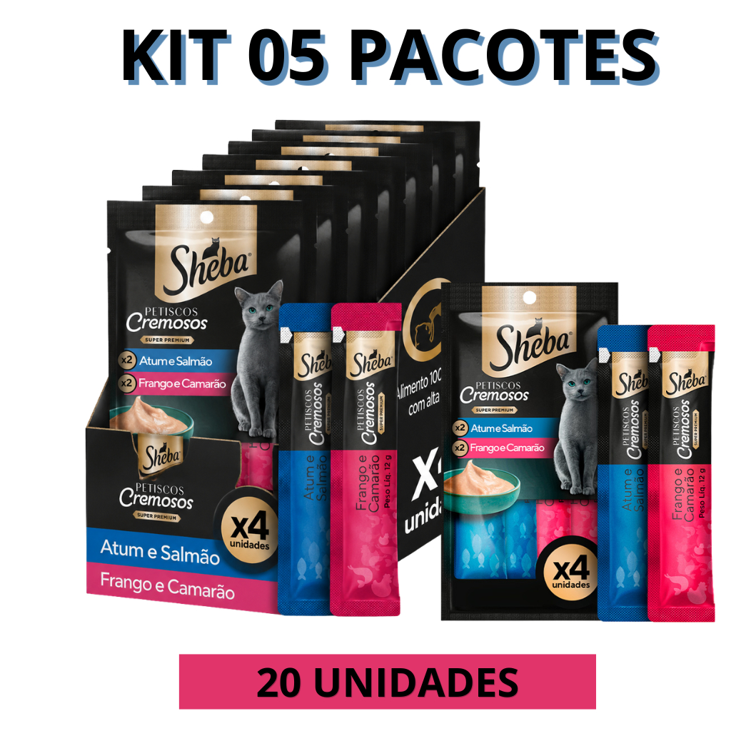 CHURU SNACK SHEBA CREMOSO Atum e Salmão & Frango e Camarão para Gatos (kit 05 pacotes) 4 un cada pacote total 20 un