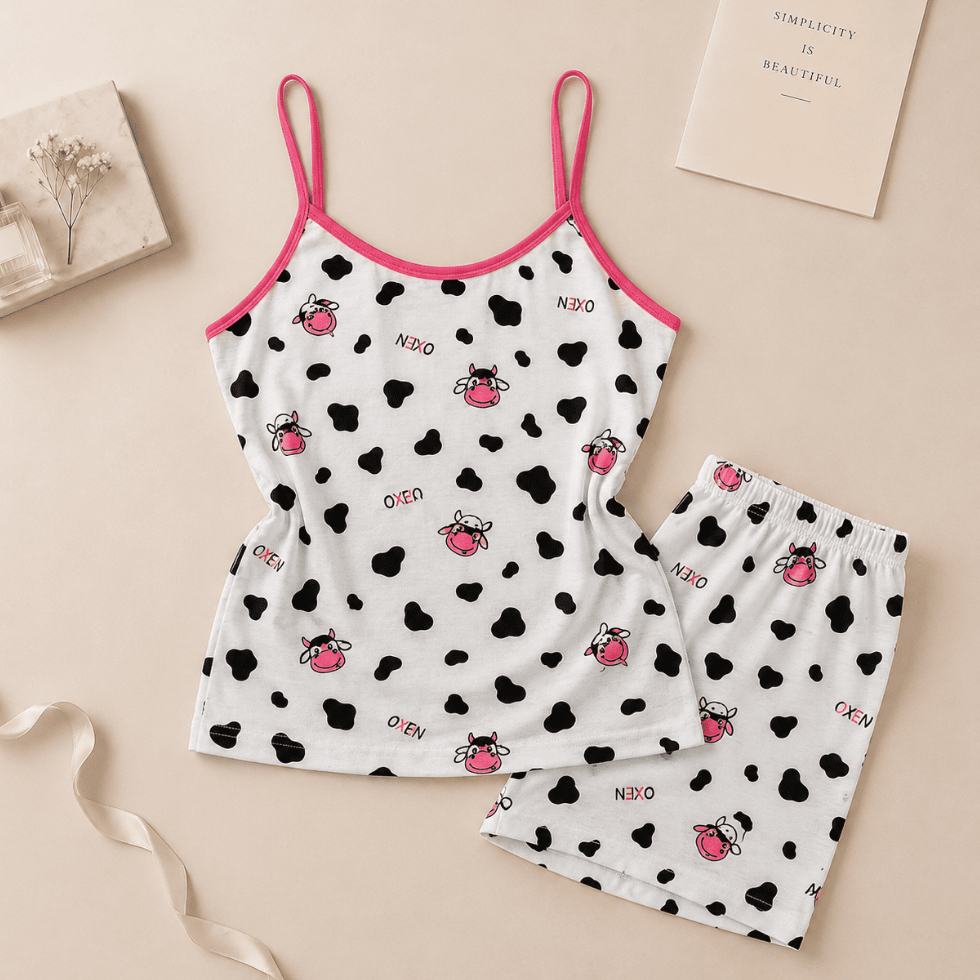 Baby Doll Vaquinha Rosa Malha Premium Pijama Feminino Adulto Short e Alça Fina Verao Confortavel