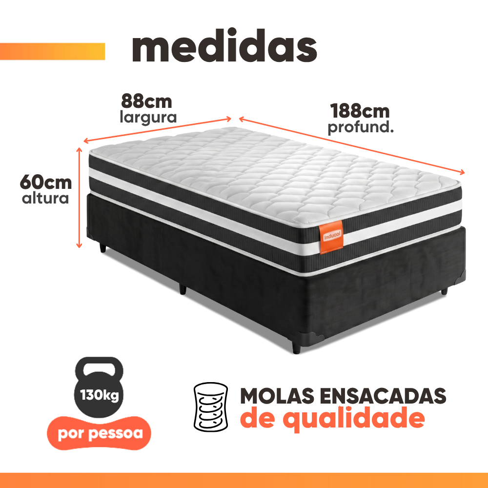Cama Box Solteiro Colchão Molas Qatar 88x188x60cm Branco / Preto - Suporta até 200Kg · foto 2