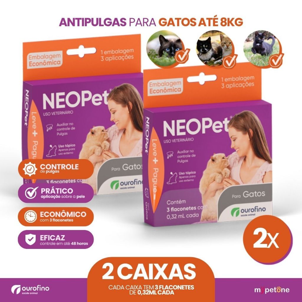2 Antipulgas Neopet 0,32mL Gatos até 8Kg Ourofino 3 Flaconetes
