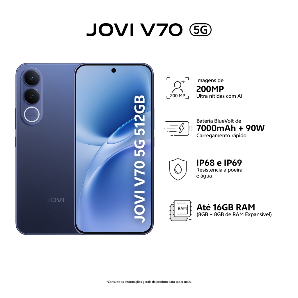 JOVI V70 5G Câmera 200MP 512GB de Memória 16GB RAM (8GB + 8GB RAM expansível) Bateria de 7000mAh