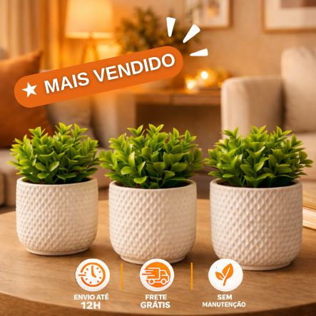 Vaso Planta Artificial- Kit até 6 Unidades Sem ou Com Plantas Artificiais- Mesa, Estante, Rack, Nicho
