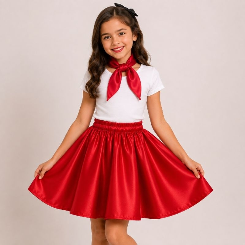 Saia Rodada Infantil com Lenço para Dança e Apresentação Anos 50 60 70 e 80