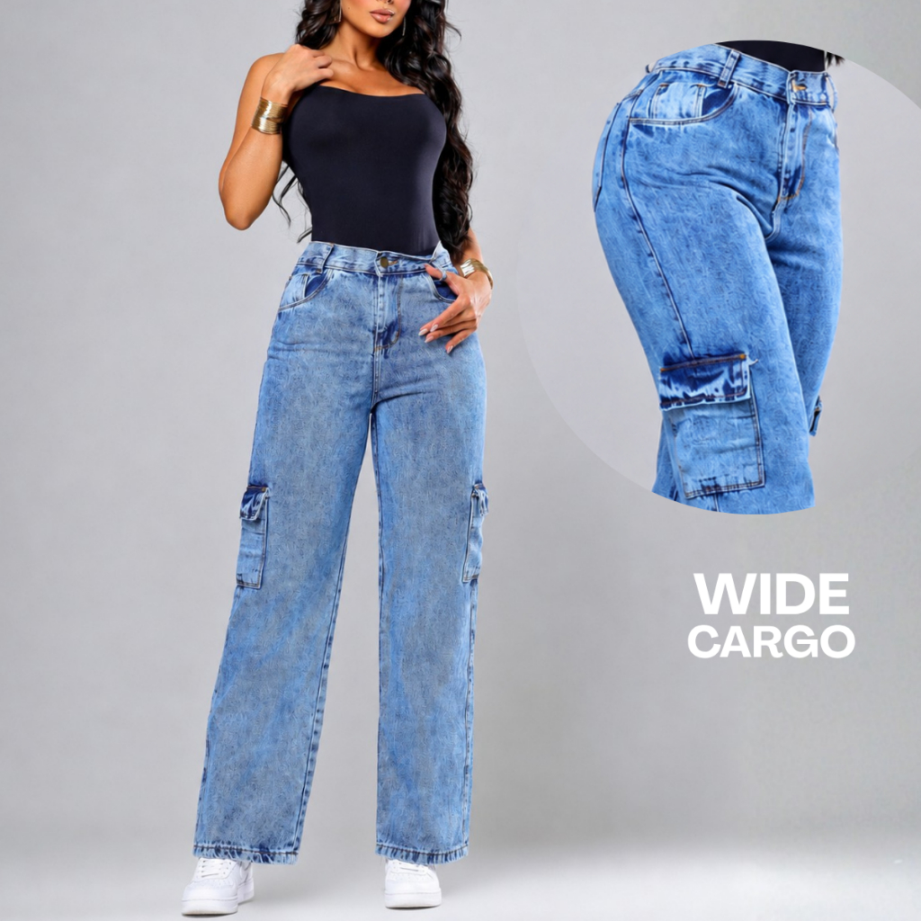 Calça Wid leg Cargo Marmorizada Jeans Cintura Alta Pantalona 100% Algodão