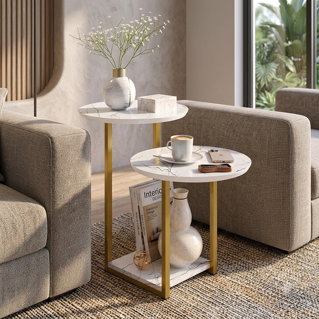 MESA LATERAL DE SOFÁ INDUSTRIAL COM 2 TAMPOS E PORTA REVISTA - FACIL MONTAGEN