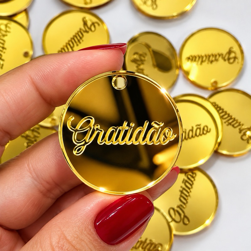 Kit TAG 2 X2 CM GRATIDÃO REDONDO DOURADO ACRÍLICO, para decoração, artesanatos, lembrancinhas