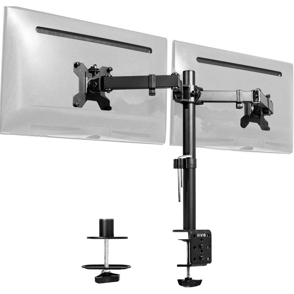 Suporte Duplo para Monitor Braço Articulado de Mesa, Ajustável Altura, Inclinação e Rotação 360°, Compatível 14‑28"