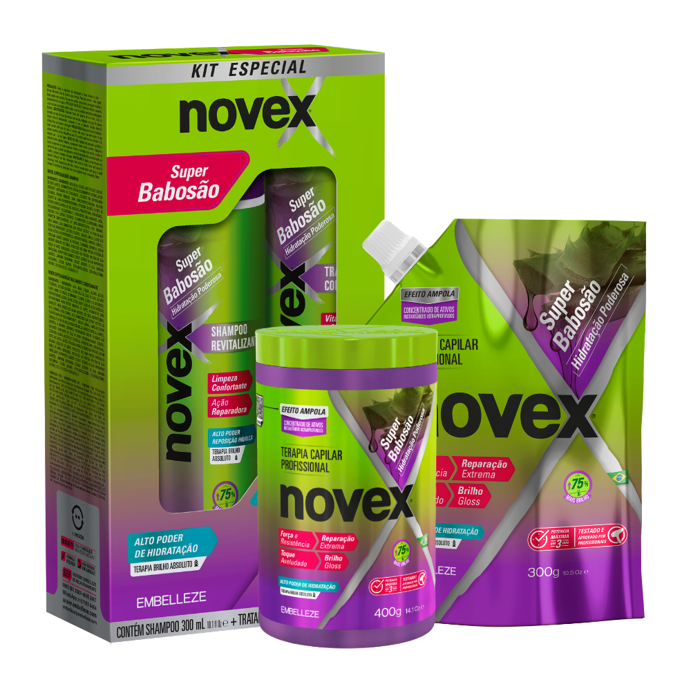 Kit Shampoo e Condicionador Creme De Tratamento Novex e Refil Super Babosão