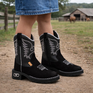 Bota Botina Texana Infantil Unissex Country Bordada Couro Confortável Rodeio Preto com Prata Zíper Lateral Lançamento