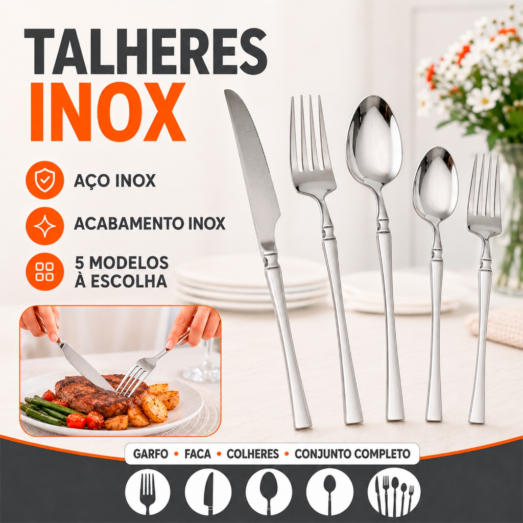 Jogo de Talheres Pratas Classic em Aço Inox com Faca Garfo Colher de Mesa e Sobremesa
