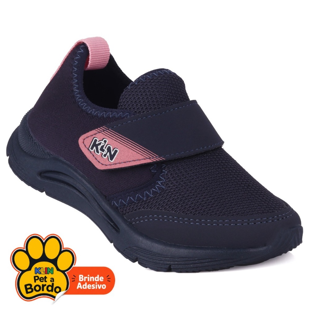 Tênis Infantil Feminino Klin Slip-On Calce Fácil Leve e Respirável - Marinho e Rosa
