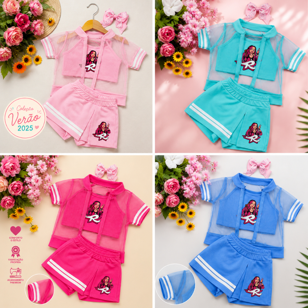 Conjunto Infantil 3 Peças Menina Blogueirinha Tule Casaco Cropped Short Saia Fashion Tam. 4 ao 10
