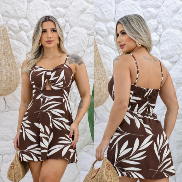 Vestido Macaquinho Com Laxtes Nas Costas e Alças Regulaveis Com Detalhe no Busto Estampado