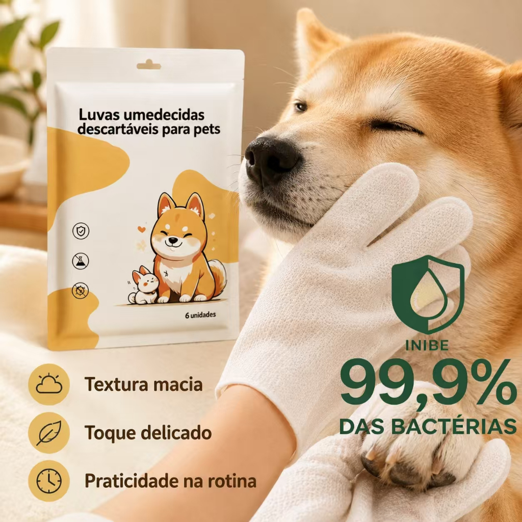 Luva Descartável Umedecida Banho a Seco Para Gato e Cachorro Sem Água Higiene Limpeza Prática Pelos Patas Pet