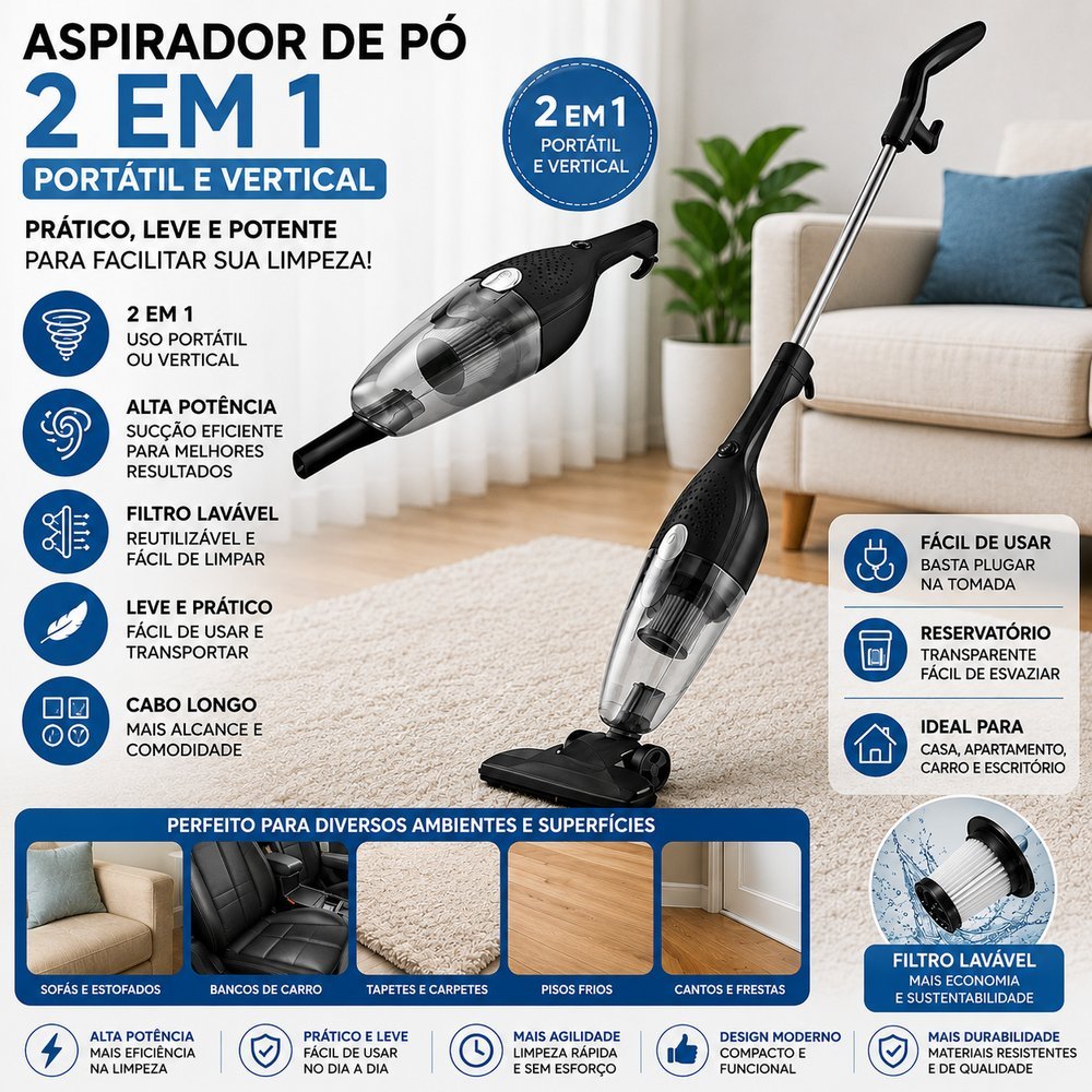 Aspirador de Pó Elétrico 2 em 1 Portátil Vertical · Sem Fio, Leve e Potente para Uso Doméstico e Automotivo