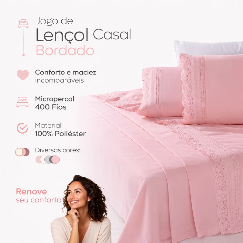 Jogo de Lençol Casal Queen King 400 Fios com Bordado Inglês — foto 2