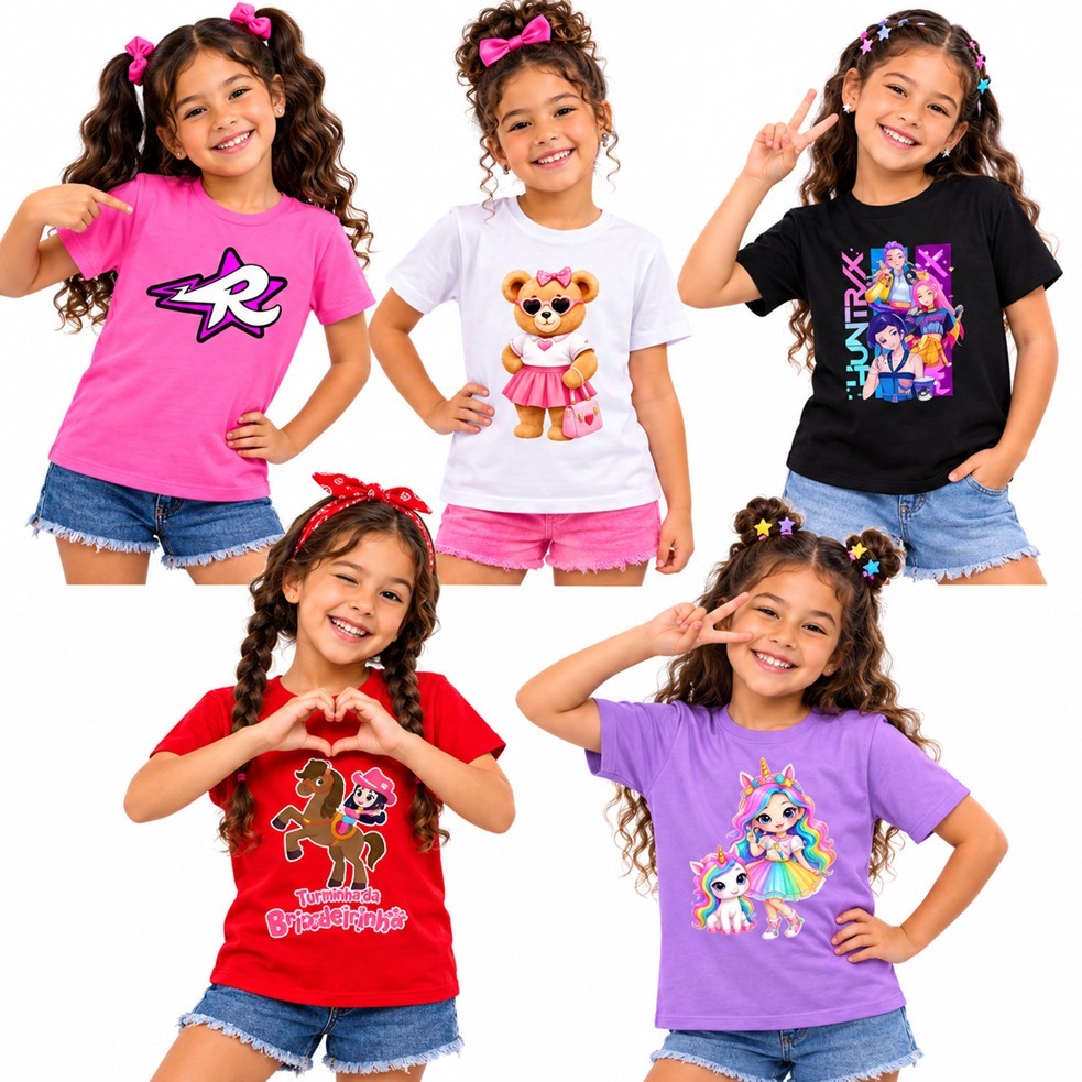 Kit com 5 Camisas Infantil Camisetas Infantil Feminina Menina Sortidas Personagens Diversos Tecido Leve e Confortável