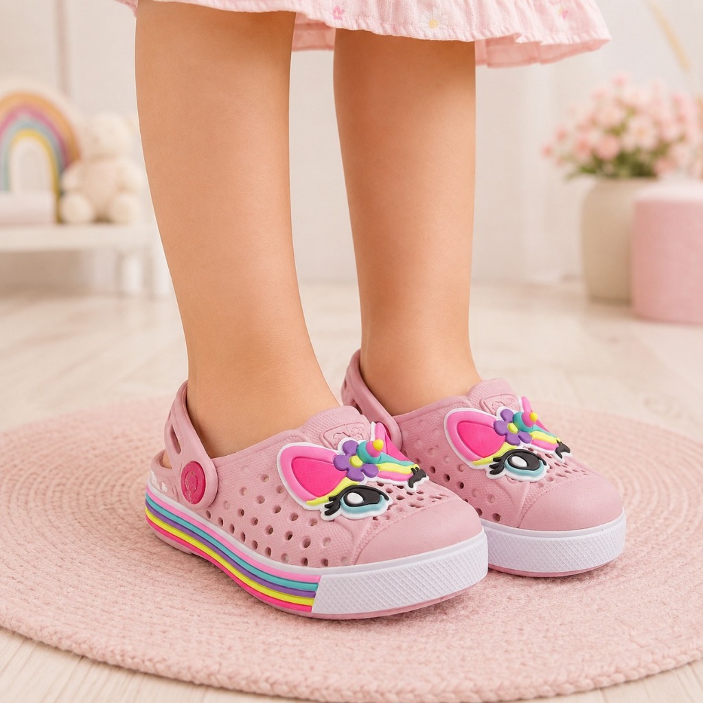 Babuche Sandália Infantil Menina Plugt Unicórnio 3D Confortável Antiderrapante Anatômico Rosa Preto
