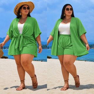 Conjunto Kimono Feminino 2 Peças Shorts + Blusa Moda Verão Plus Size Soltinho Tecido Duna , Cardigan de Preia Elegante