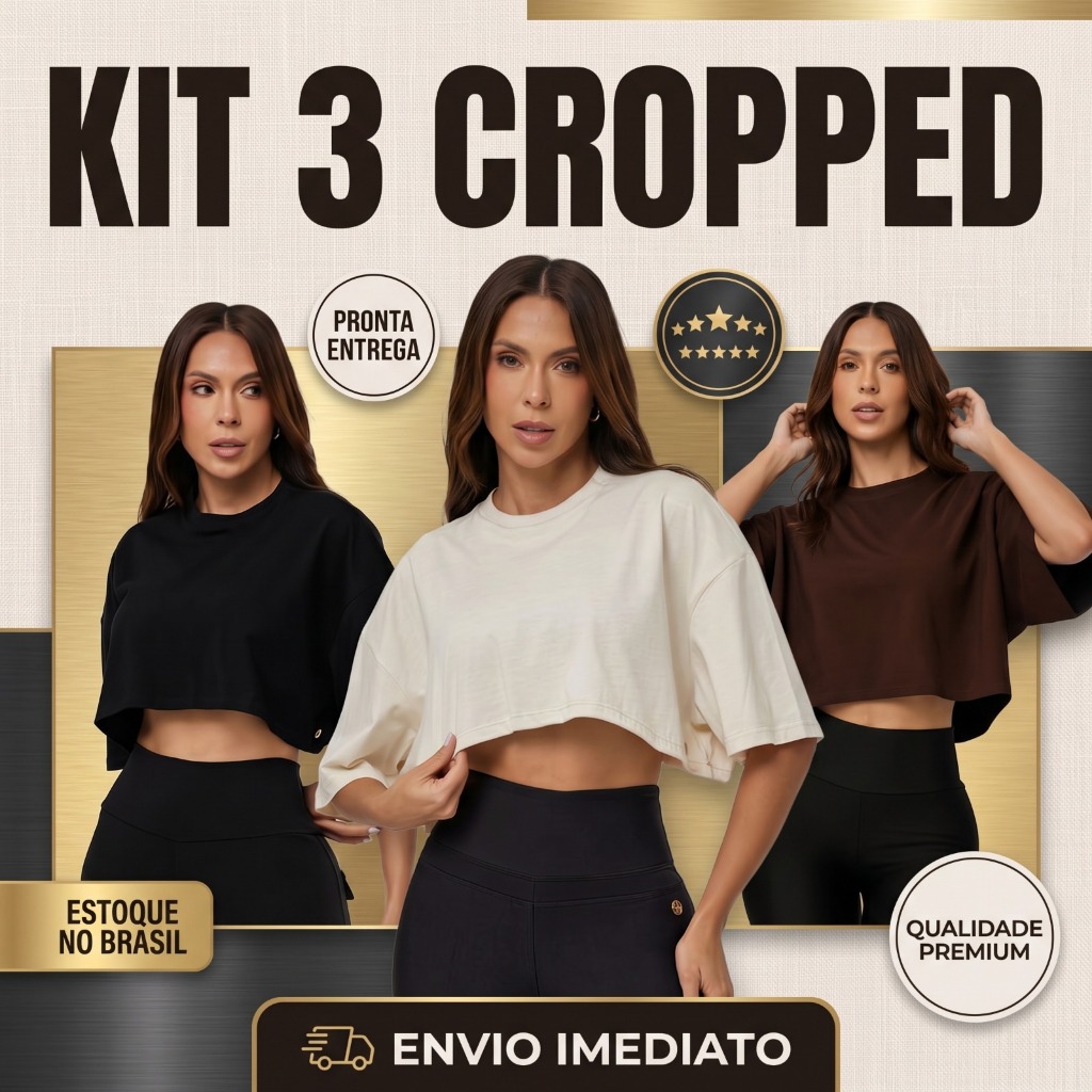 Kit 3 Croppeds Femininos Oversized Algodão Liso Blusa Básica Academia Treino Casual Dia a Dia Camiseta Confortável