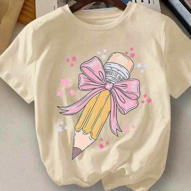 Camiseta Infantil Lapis com laço de Manga Curta  Redondo e Estampa de Lápis e Laço para Menina Jovem, Camiseta Casual