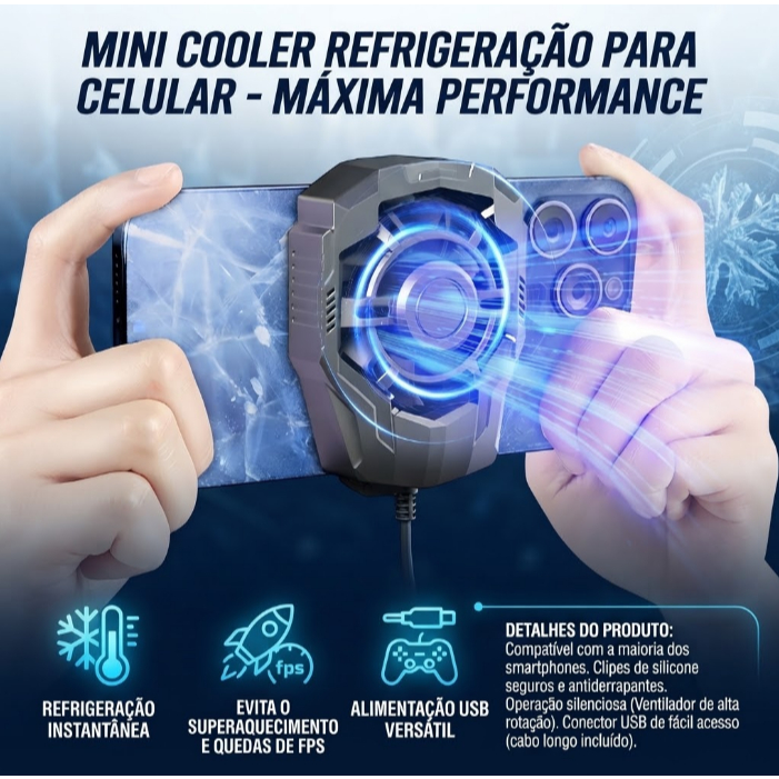 Cooler Gamer MSR-714 para Celular USB-C Resfriamento Rápido Silencioso com Fixação Ajustável, Anti Aquecimento.