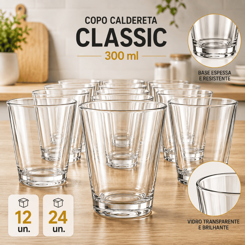 Kit 24 Copos de Vidro 300ml Transparente Resistente para Cerveja Chopp Bar Restaurante