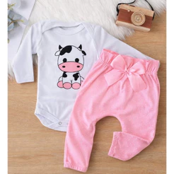 Conjunto Roupa Moda Bebê Menina Roupinha infantil Conjuntinho Feminino Calça Rosa e body Vaquinha