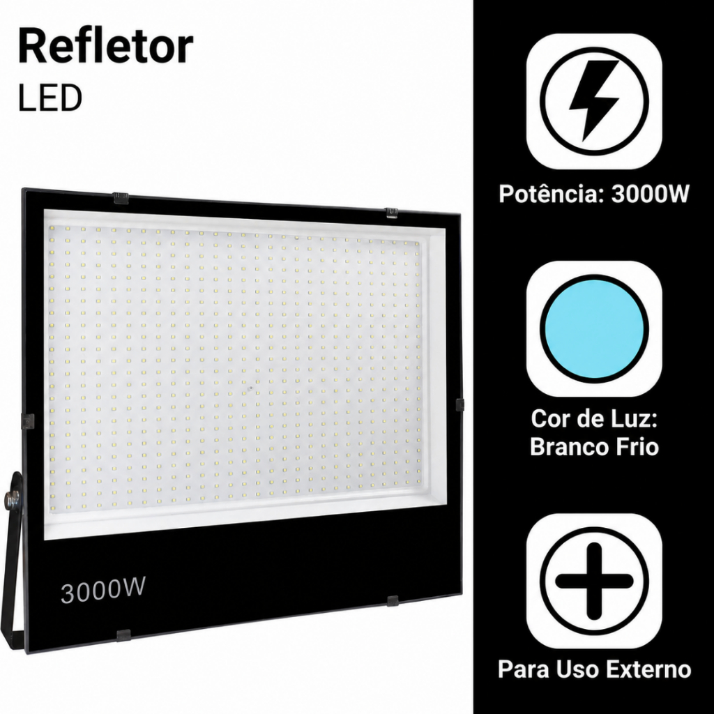 Refletor Holofote LED 3000W | Branco Frio IP66 Bivolt Mais Claridade e Sensação de Segurança