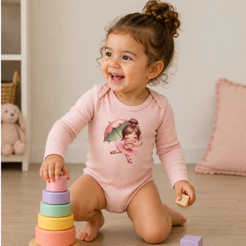 Body Bebê Menina Manga Longa Ribana Canelada Premium Estampa DTF Gola Envelope Botão Fralda