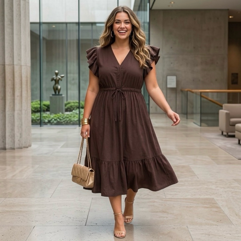 Vestido feminino midi plus size babado manga curta verão estampado moda evangélica elegante — imagem 2 de 2