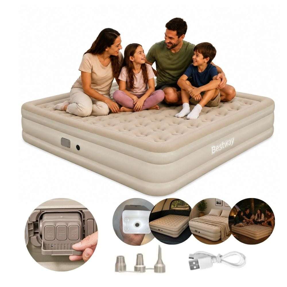 Colchão Inflável King Bomba Recarregável Elétrica Lítio USB + Lanterna 3 Níves Para Camping e Casa Bestway