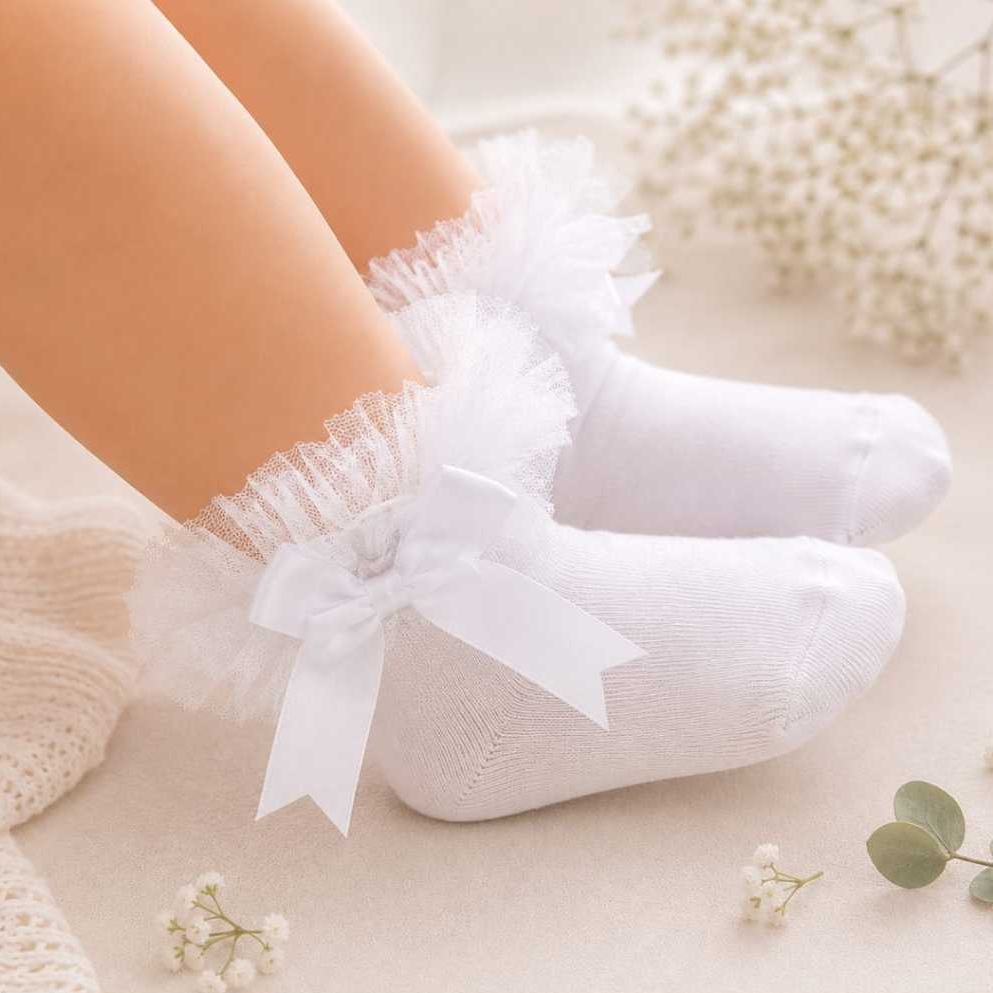 Meia Infantil Menina Bebê com Laço e Babados | Meia Princesa Delicada