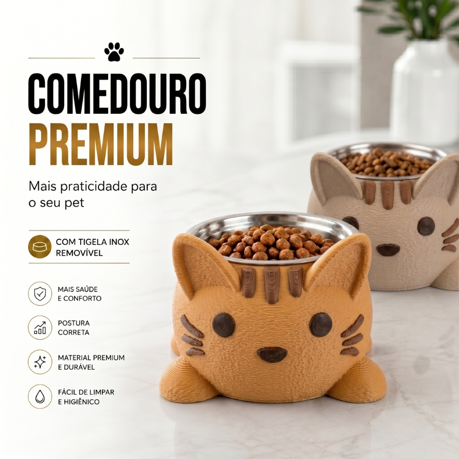 Comedouro para Gatos e Cachorros Pequenos com Tigela Inox Removível Anti Refluxo Design Gatinho Acabamento Premium