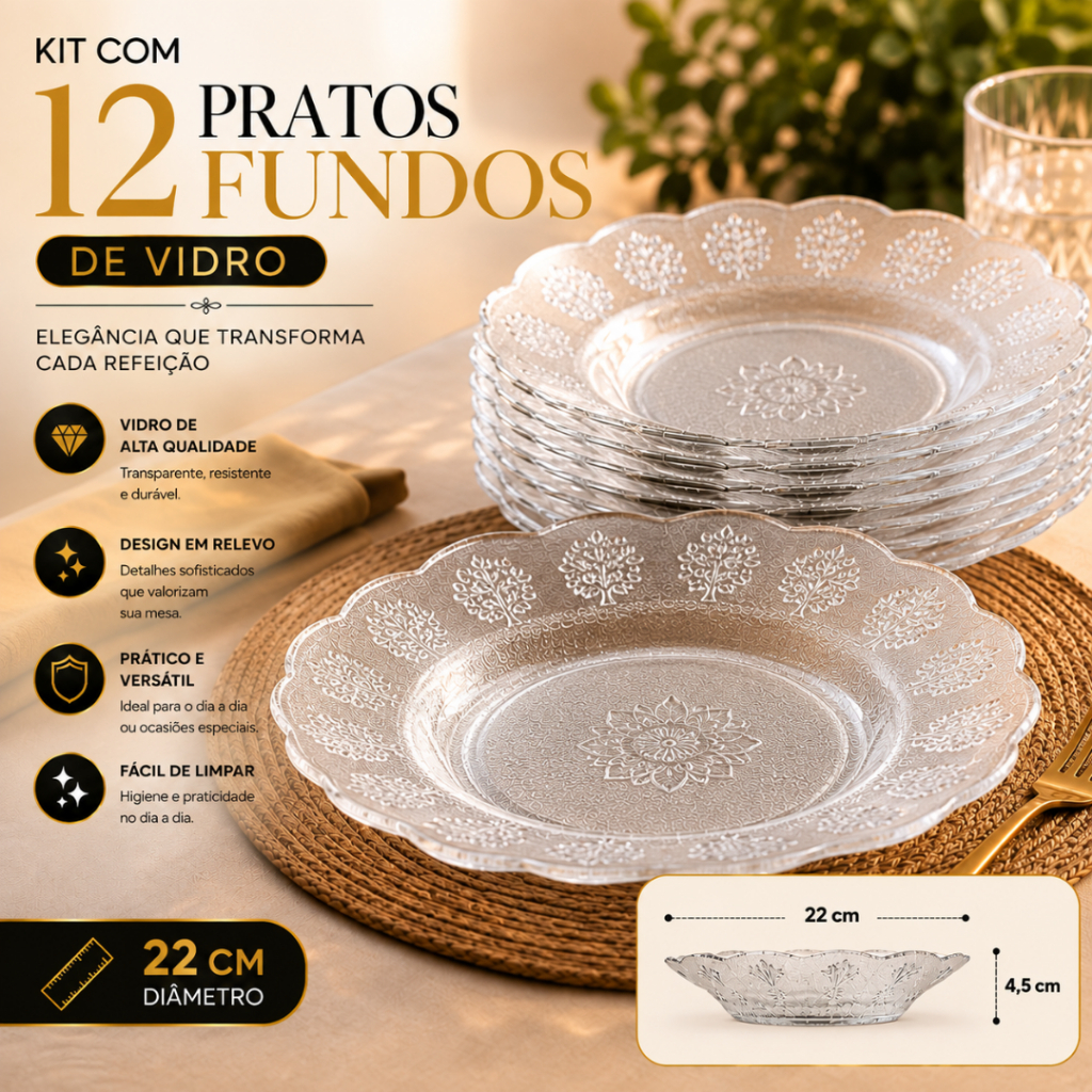 Kit 12 Pratos de Vidro Palaci Fundo 22cm Com Estampa em Alto Relevo