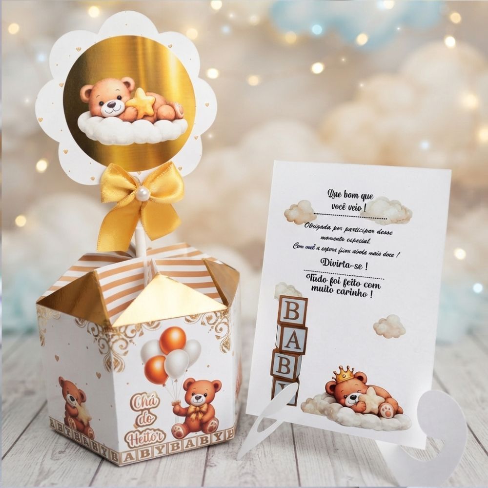Centro de Mesa Chá de Bebê Ursinho Neutro Bege + Plaquinha/Cachepô Dourado.Festa Revelação Lembrancinha/Personalizado