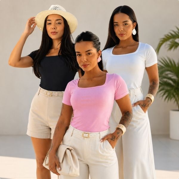 Kit 3 Blusas Femininas Ribaninha Decote Quadrado Manga Curta Justa Básica Casual Verão Confortável Moderna Tendência