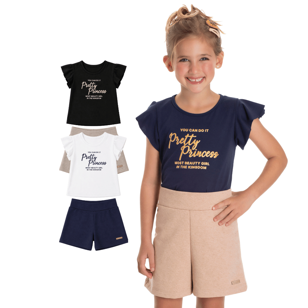 Conjunto Infantil Feminino Blusa Manga Franzida e Bermuda Moletinho Ecológico Tamanhos 4 6 8